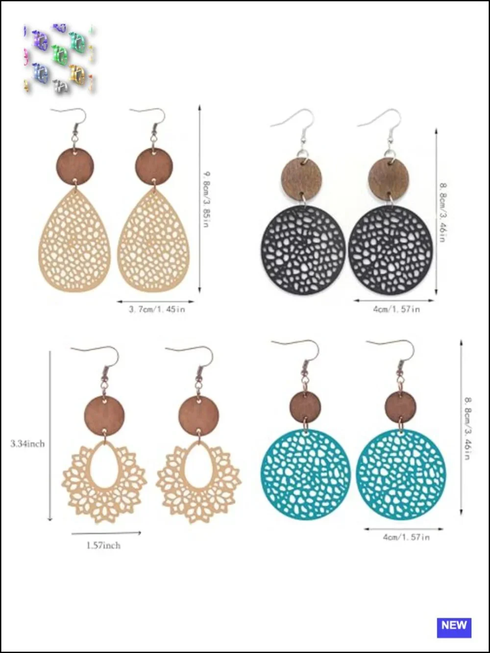 4 Pairs Leather Wood Dangle Earrings Boho Drop Geometric Hollow Out Lightweight